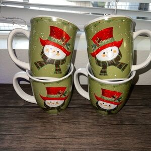 Vtg‎ Studio 33 Green Snowman w/Hat & Scarf Christmas Set of 4 Mugs
